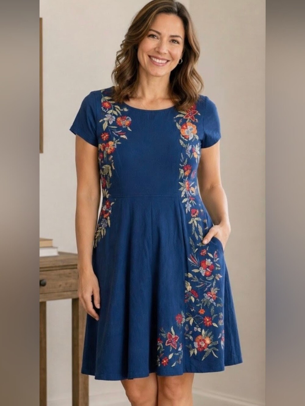 eShakti Blue Floral Embroidered Fit Flare Dress Short Sleeve Cotton Stretch S 6